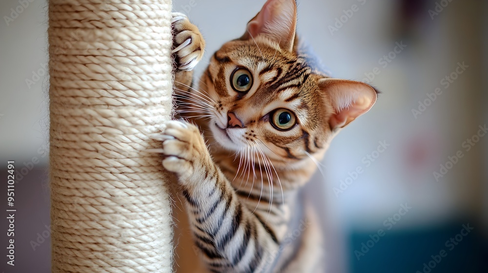 Poster closeup of a bengal cat extending its sharp retractable claws to climb up a vertical scratching post