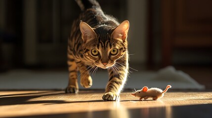 Photograph of a Bengal cat intensely stalking a toy mouse ready to pounce and capture its prey with swift agile movements and a fierce predatory instinct