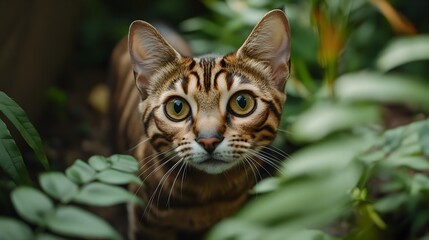A captivating photograph showcasing a Bengal cat curiously exploring its natural environment its alert expression and keen senses capturing the essence of feline curiosity and discovery