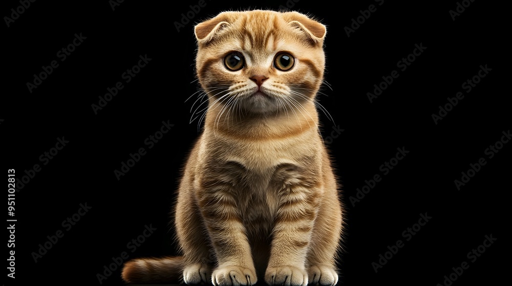Poster Captivating portrait of a Scottish Fold cat sitting with its distinctive folded ears and a curious contemplative expression on its face  The feline s soft