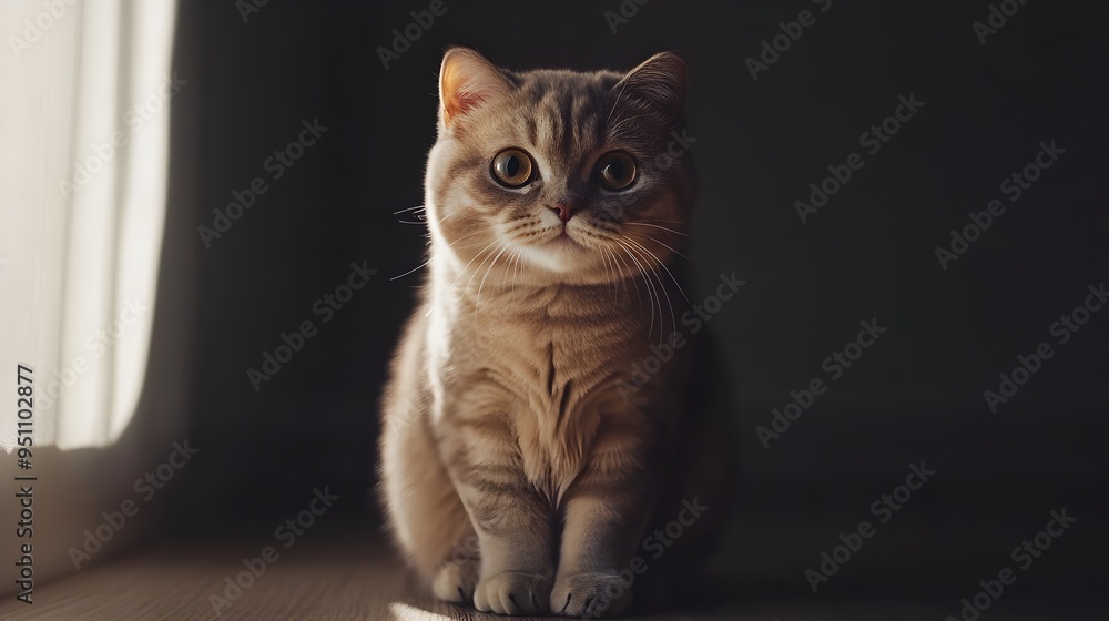 Poster a captivating portrait of a scottish fold cat sitting on a white background with its characteristic 