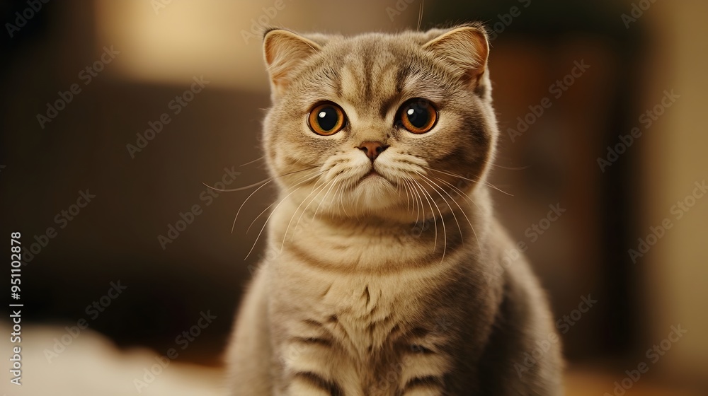 Poster close up portrait of a scottish fold cat sitting on a plain white background showcasing its distinct