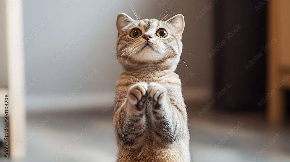 Poster portrait of a scottish fold cat standing on its hind legs looking up with a curious and interested e