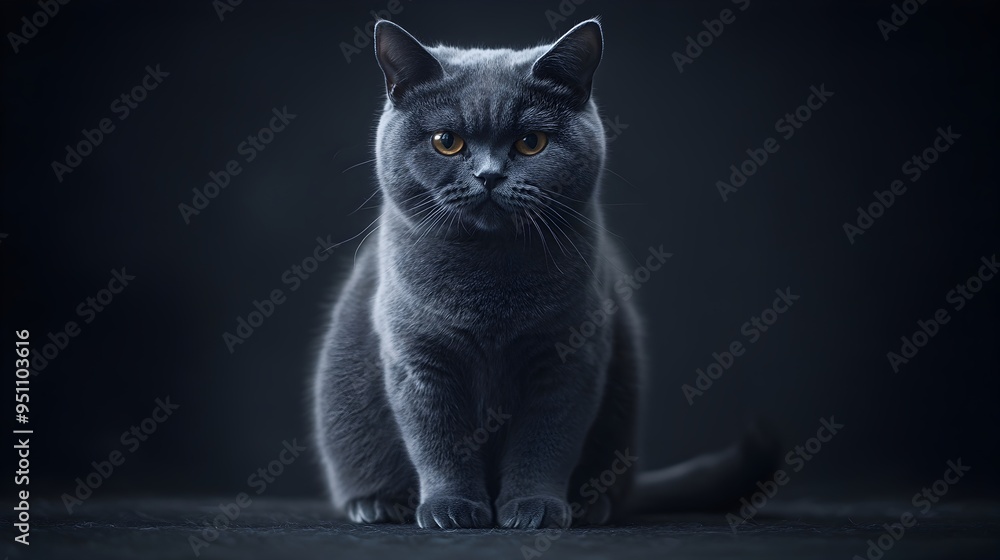 Poster portrait of a calm relaxed british shorthair cat with a plush dense coat sitting in a studio setting