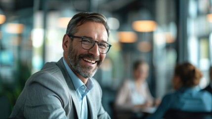 Obraz premium Confident middle-aged businessman engaging with clients. Professional and interpersonal skills concept. Business and leadership idea.