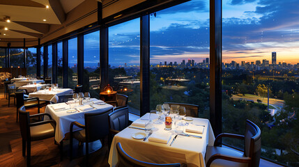 Upscale Restaurant Offering Stunning Views through Floor-to-Ceiling Windows