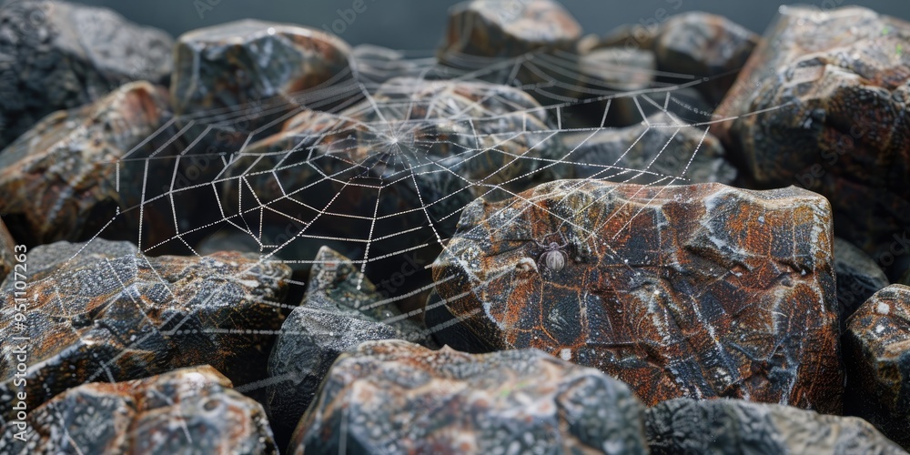 Poster spider web on a cluster of rocks