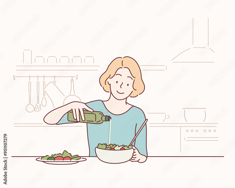 Wall mural young woman pouring olive oil in to the salad. healthy lifestyle eating concept. hand drawn style ve