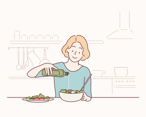 Young woman pouring olive oil in to the salad. Healthy lifestyle eating concept. Hand drawn style vector design illustrations.