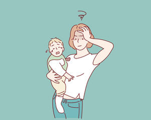 family, parenthood and people concept - mother with crying little baby at home. Hand drawn style vector design illustrations.