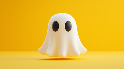 Halloween concept image: a small, simple cartoon ghost with a white sheet-like body and two large, black oval eyes