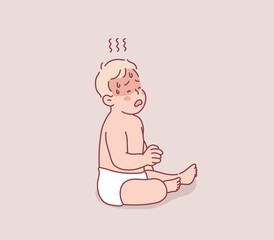 Little baby with fever in bed. Sick baby crying. Hand drawn style vector design illustrations.