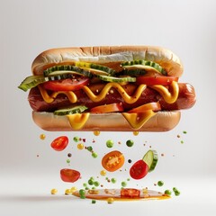 a hot dog with mustard, ketchup, and pickles