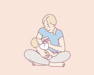 Fototapeta premium Mother feeding her baby with bottle. Hand drawn style vector design illustrations.