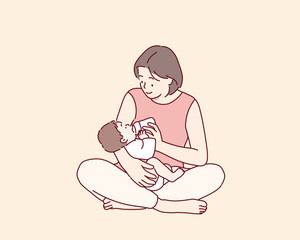 Mother feeding her baby with bottle. Hand drawn style vector design illustrations.