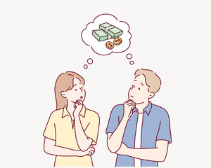 Couples Thinking About Money, Couples. Hand drawn style vector design illustrations.