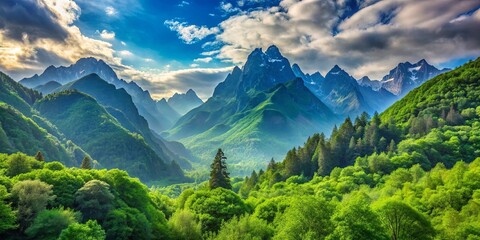 Obraz premium Breathtaking mountain range with lush green foliage showcasing the beauty of nature and tranquility