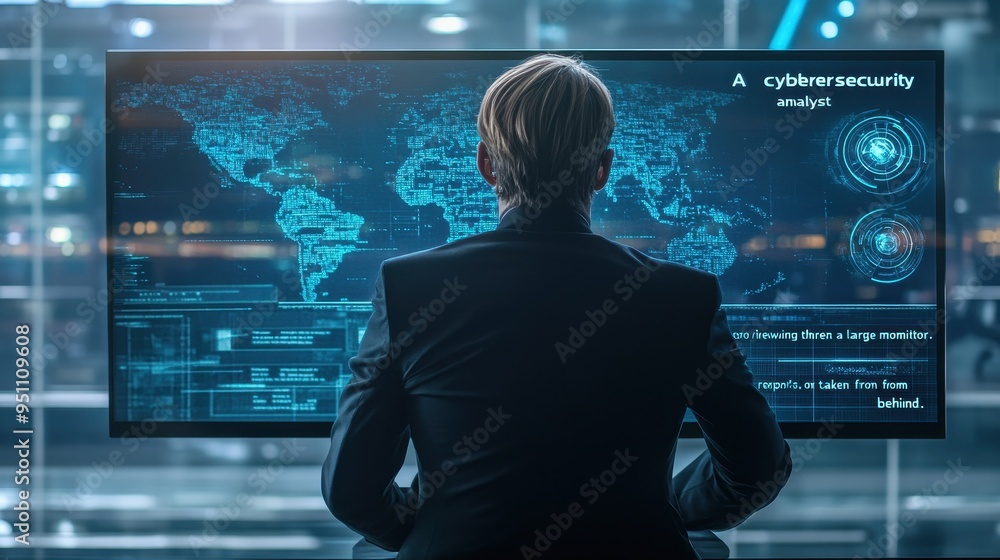 Poster cybersecurity analyst monitoring global cyberattacks