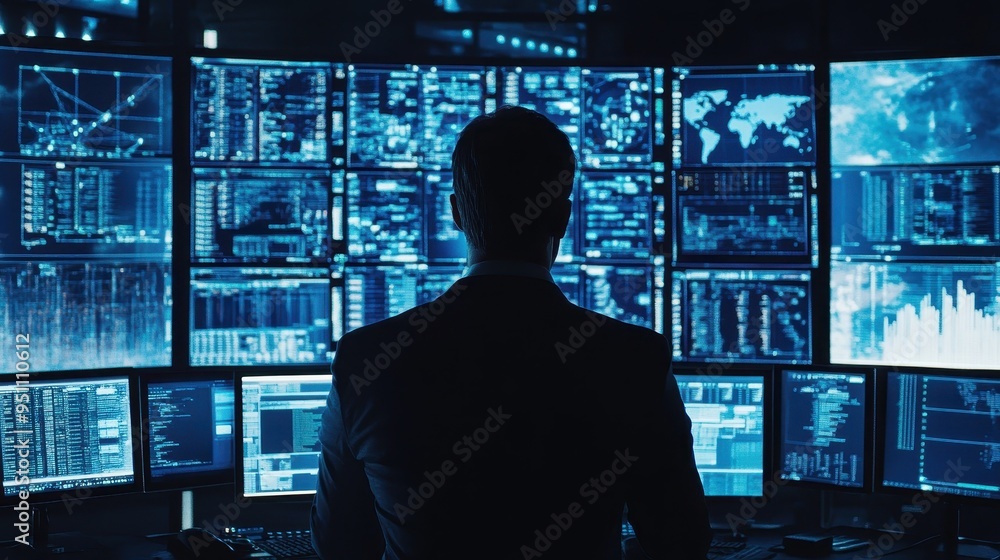 Poster silhouette of a person in front of a high-tech control room with digital displays