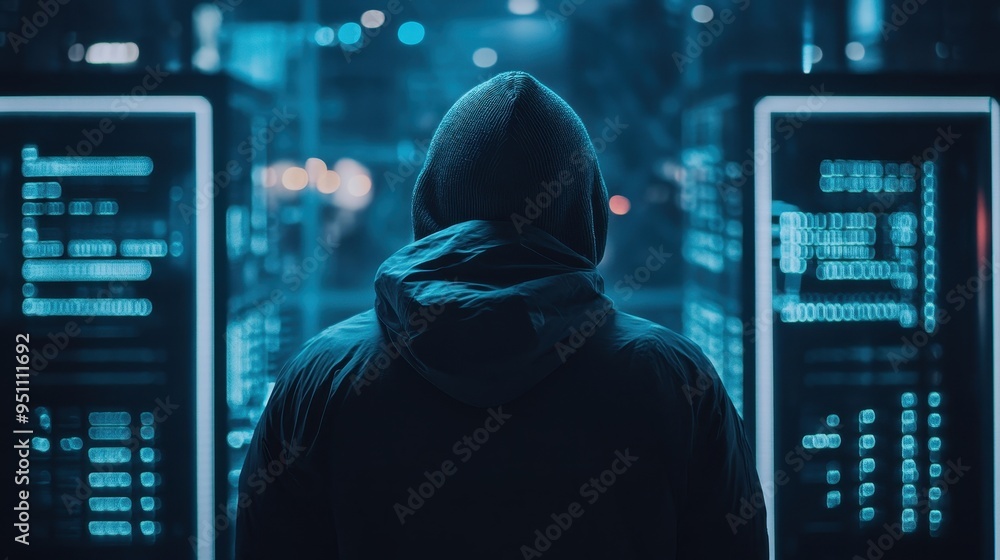 Poster mysterious hacker in the cyberpunk landscape