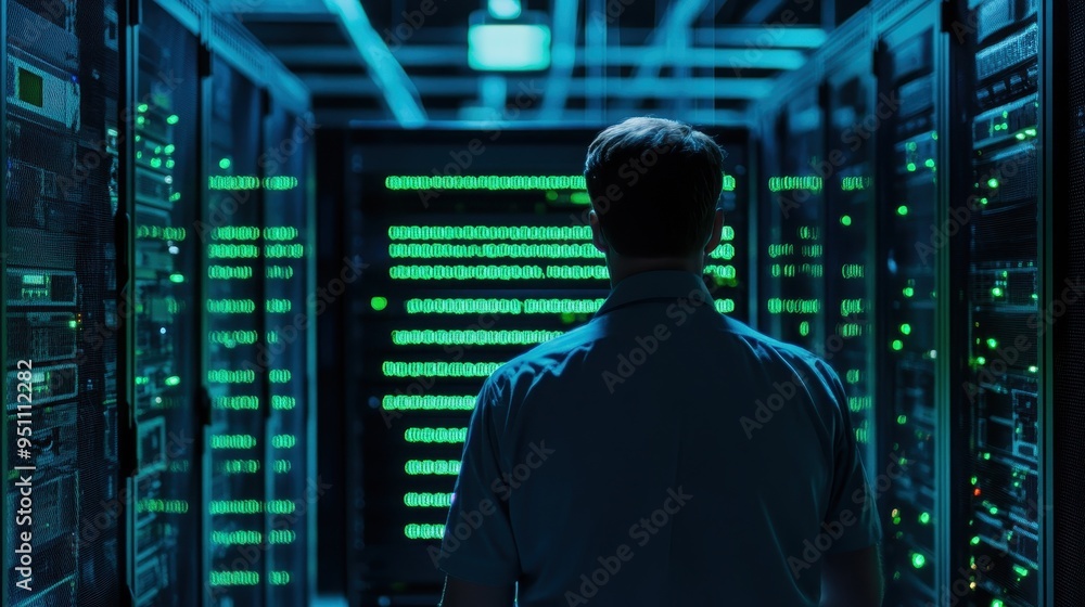 Poster cybersecurity expert examining server racks in data center