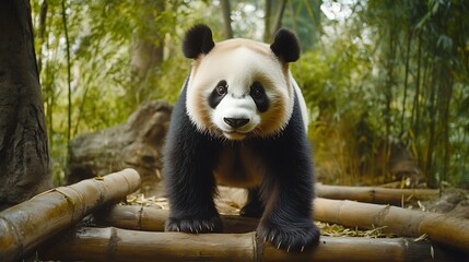 Obraz premium Majestic Giant Panda Standing on Bamboo Logs, Symbolizing Natural Resource Conservation Efforts