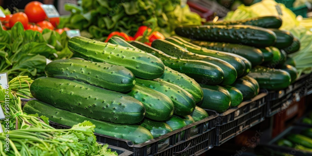 Canvas Prints Fresh cucumbers and green vegetables on display at the market counter