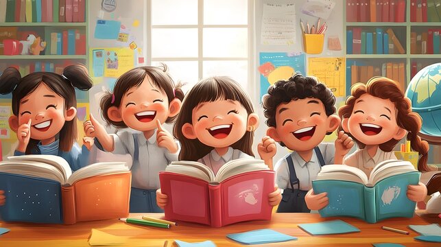 
A fun and engaging illustration for International Literacy Day, where a group of cartoon kids are reading in a colorful classroom filled with oversized books, globes, and pencils - Powered by Adobe