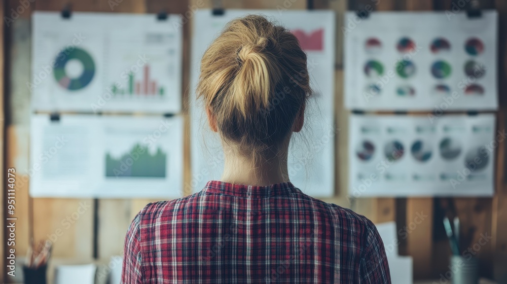 Poster data analyst reviewing business charts and graphs in the office