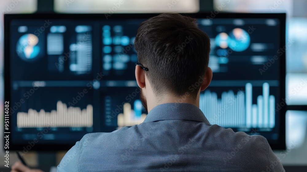 Poster analyzing financial data on multiple screens