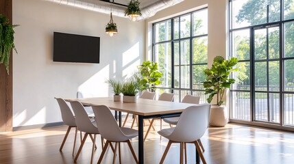 Fototapeta premium Bright Modern Conference Room with Indoor Plants and Large Windows