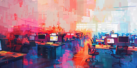 An abstract painting of a crowded office setting, with desks and workstations merging into a chaotic yet organized pattern.