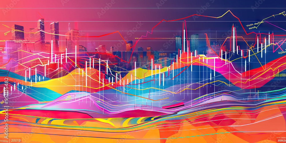 Aufkleber a colorful graph depicting the performance of different stocks over time, with lines and bars in vib