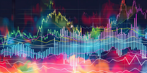 A colorful graph depicting the performance of different stocks over time, with lines and bars in vibrant hues for easy comparison.