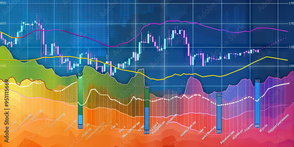 Aufkleber a colorful graph depicting the performance of different stocks over time, with lines and bars in vib