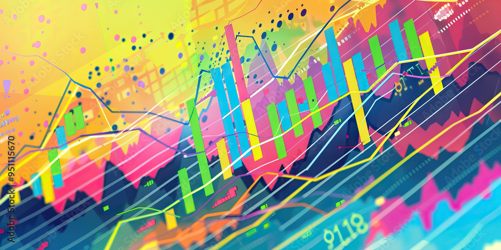 Aufkleber a colorful graph depicting the performance of different stocks over time, with lines and bars in vib