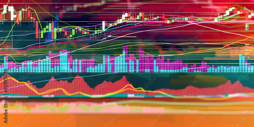 Aufkleber a colorful graph depicting the performance of different stocks over time, with lines and bars in vib