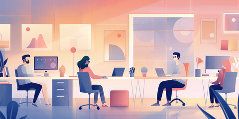 A minimalist infographic explaining the benefits of telecommuting, using simple shapes and muted colors to convey its message.