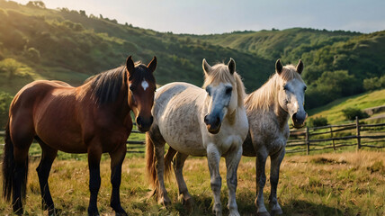 Obraz premium Three horses in the meadow field with forest hill.