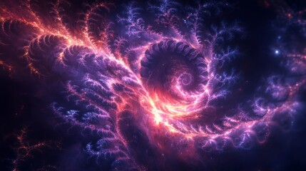 Abstract swirl of glowing energy with purple and orange hues on a dark background.