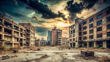 Desolate urban wasteland with abandoned buildings and muted colors