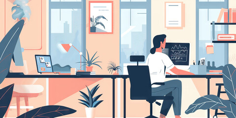 A minimalist infographic explaining the benefits of telecommuting, using simple shapes and muted colors to convey its message.