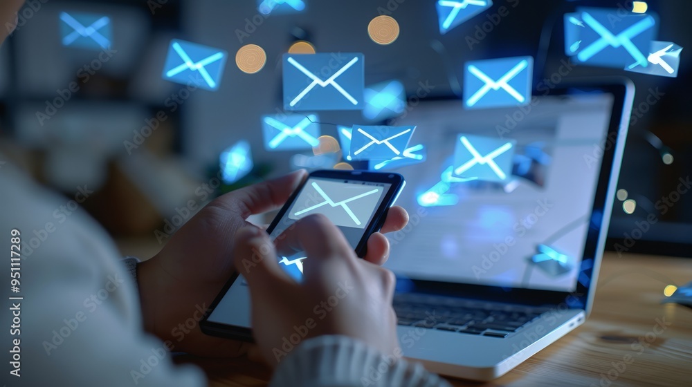 Poster email marketing concept, person reading e-mail on smartphone, receive new message. mail communicatio
