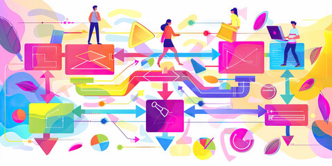 A colorful flowchart illustrating the various steps involved in project management, with arrows and shapes in bright hues for clarity.