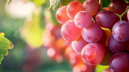 Closeup of a bunch of red grapes hanging from a vine.