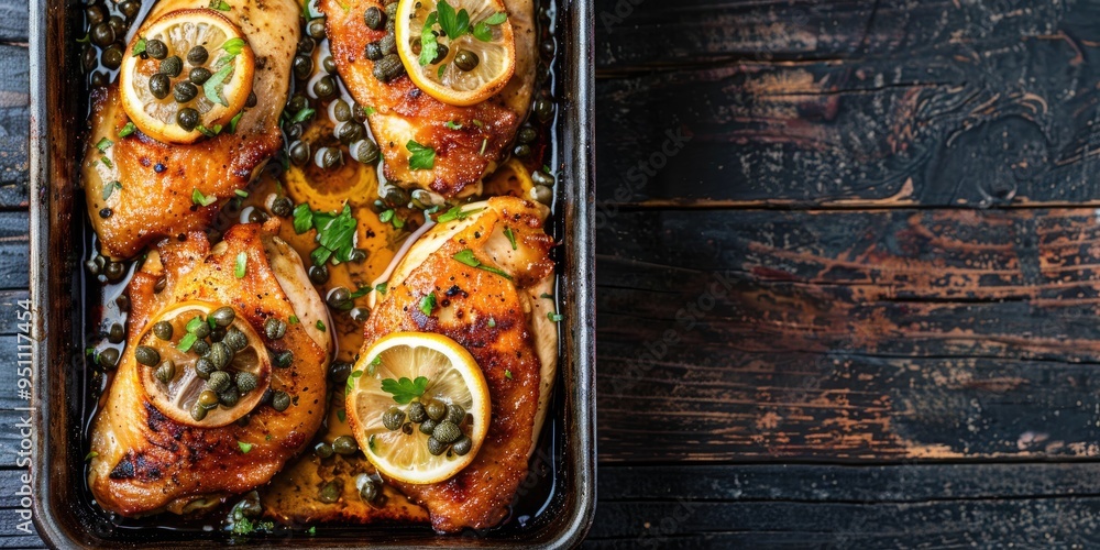 Poster top view of traditional italian deep fried chicken piccata with capers and lemon slices in a rustic 