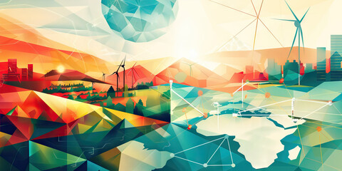 Fototapeta premium A modern art piece using geometric shapes to depict the global distribution network of a multinational corporation, with a focus on environmental sustainability.