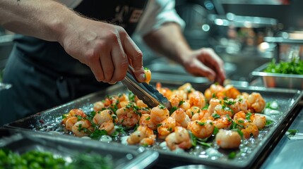 A chef&rsquo;s hands meticulously arranging a fresh salad on a plate, with a blurred kitchen background