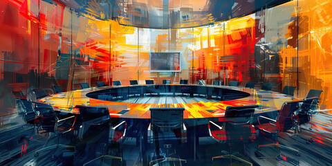 An abstract painting of a conference room table, with chairs arranged in a circular pattern and a large screen at the center, conveying the idea of collaboration and communication.
