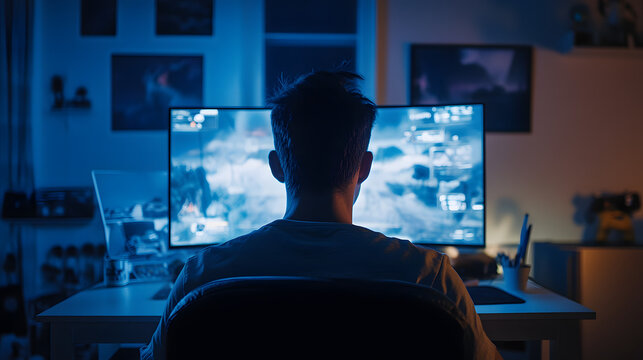 Gamer in dimly lit room intensely focused on large curved monitor, surrounded by gaming memorabilia and posters, showcasing deep connection to video game series - Powered by Adobe